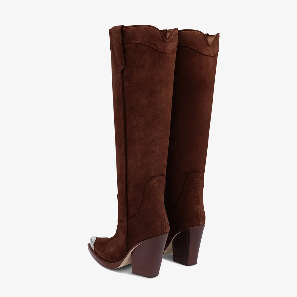 Brown Pointed Toe Stitching Knee High Western Boots for Women