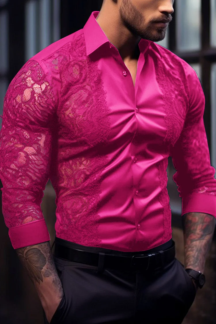 Lace Satin Patchwork Slim Fit Casual Hot Pink Shirt 