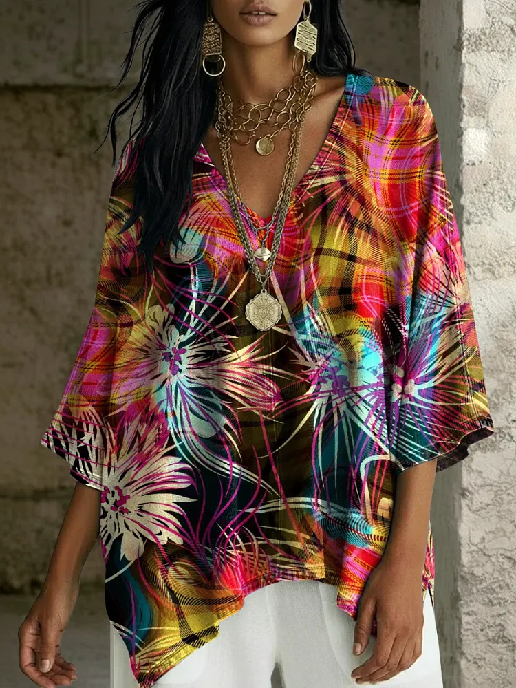 Women's Fashion Vintage Floral Print V-neck Loose Shirt