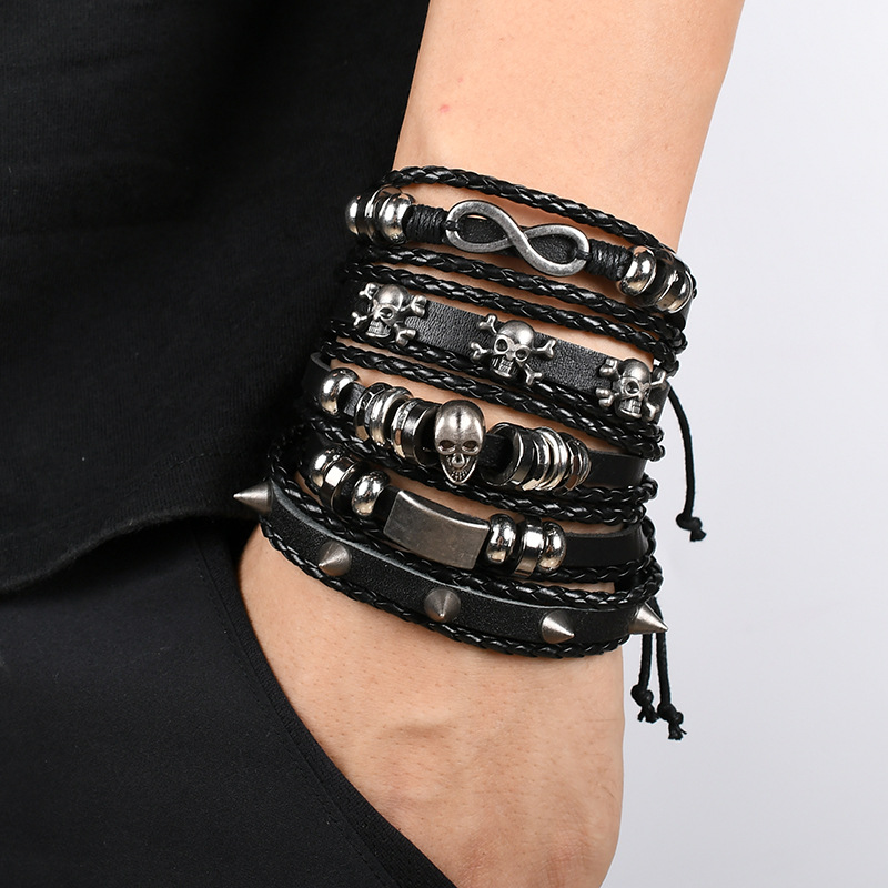 Goth Punk Vinatge  Skull Metal Multilayer Leather Bracelet / TECHWEAR CLUB / Techwear