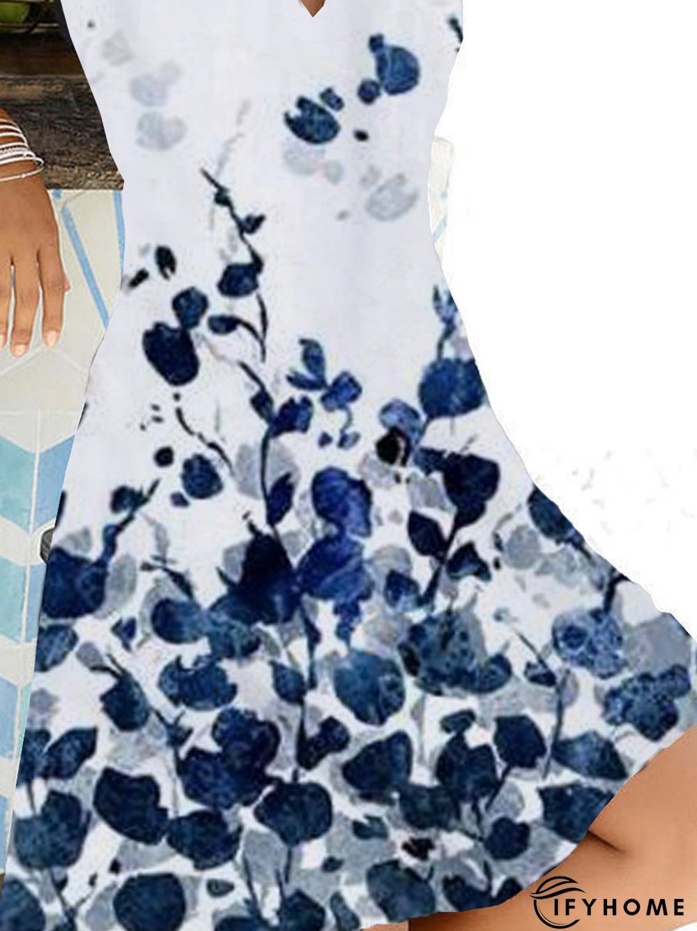 Floral Short Sleeve Printed Cotton-blend V neck Vintage Summer Blue Dress | IFYHOME