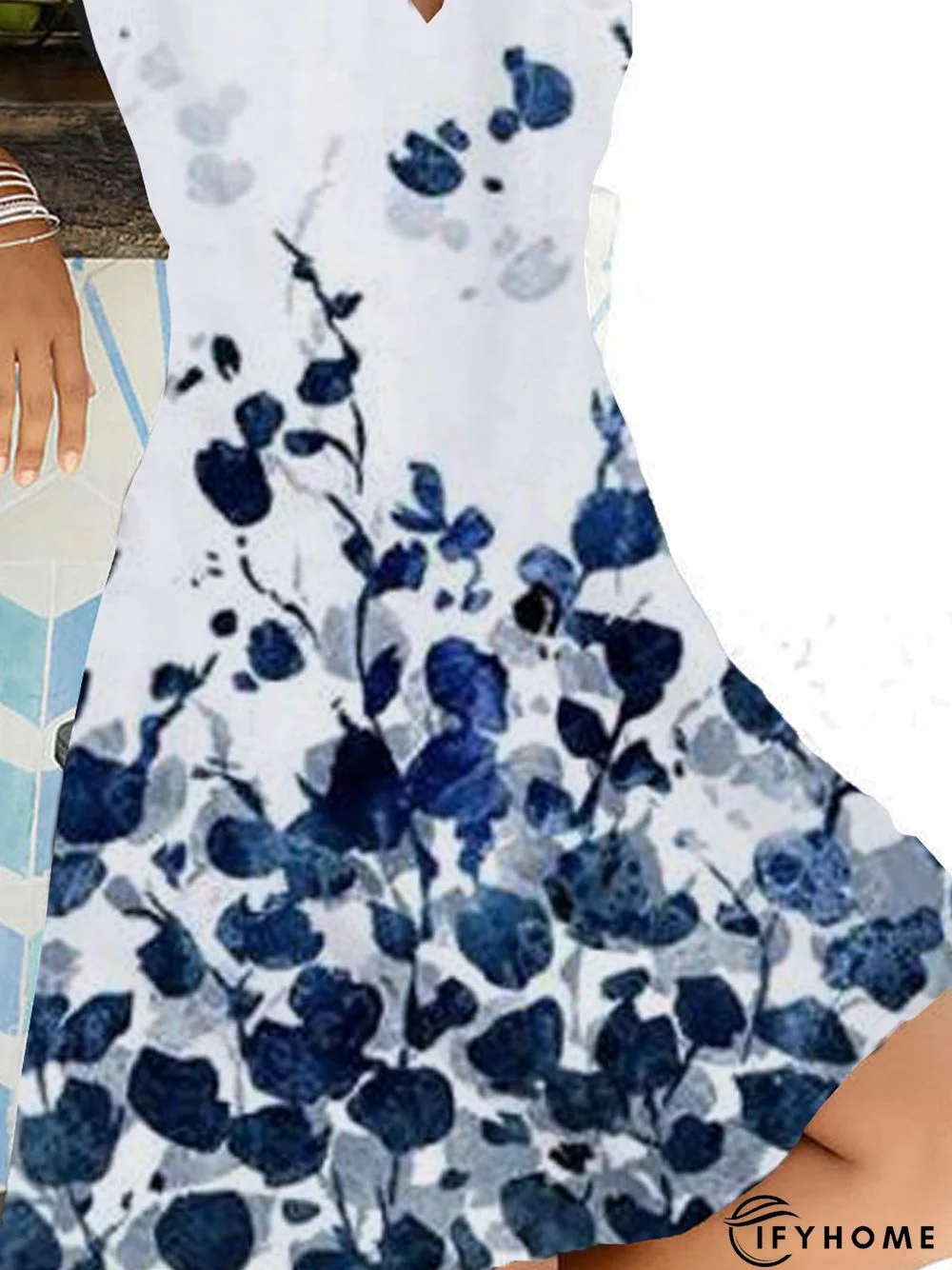 Floral Short Sleeve Printed Cotton-blend V neck Vintage Summer Blue Dress | IFYHOME