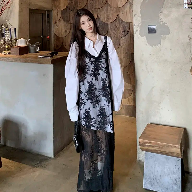 Aiertu Y2k Coquette Beach Sexy Floral Flower Embroidery Black Slip Long Dress Women Sundress Holiday Vacation Maxi Dresses Aiertu