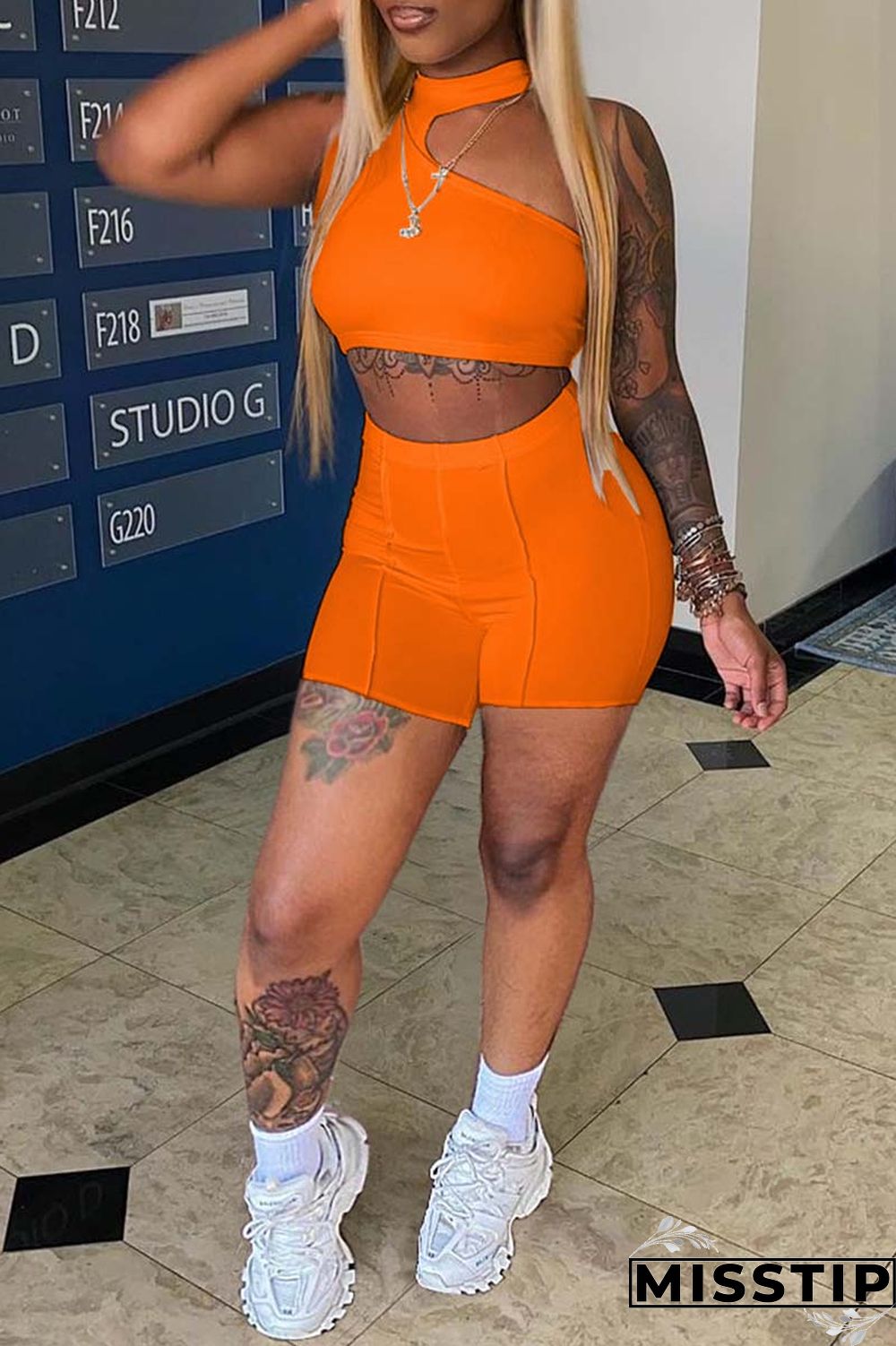 Orange Sexy Casual Solid Hollowed Out Half A Turtleneck Sleeveless Two Pieces