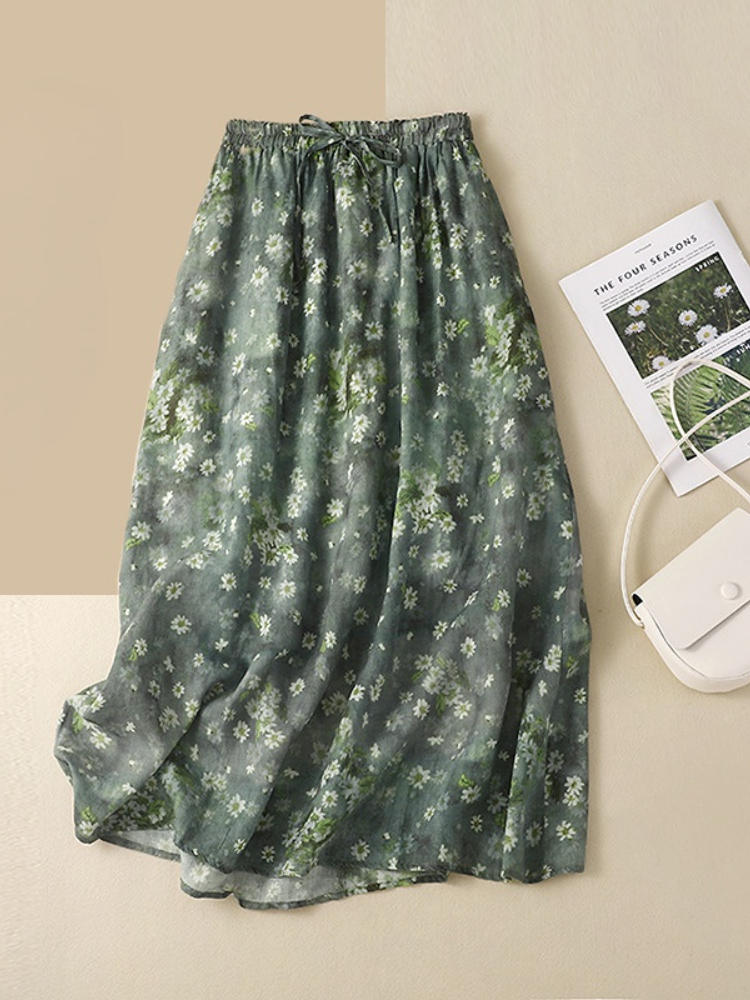 Fashionable Floral Tie Dye Retro Stretch Linen A-Line Casual Loose  Skirts