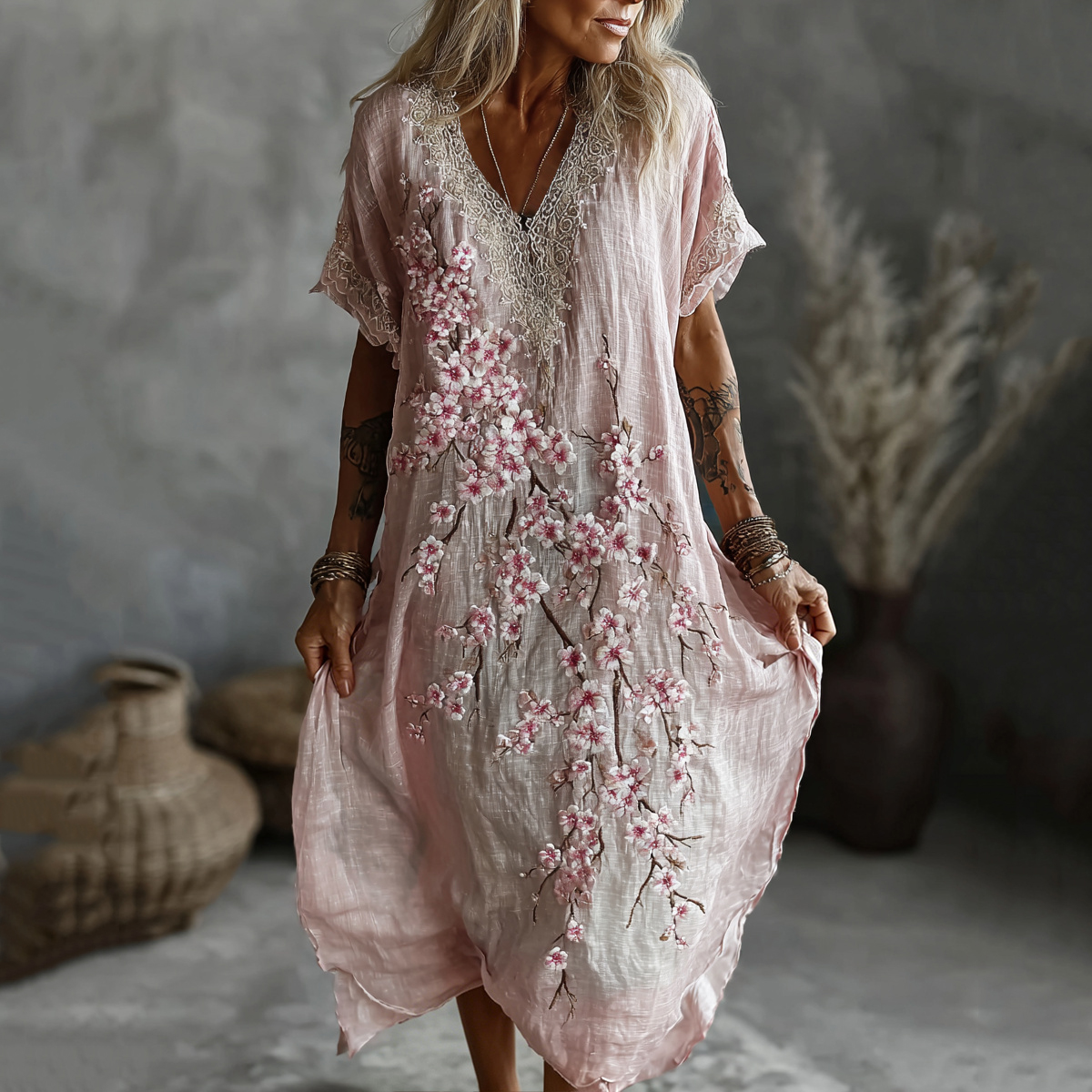 Women's Vintage Cherry Blossoms Floral Pattern Linen Blend Loose Linen Dress elevenforest