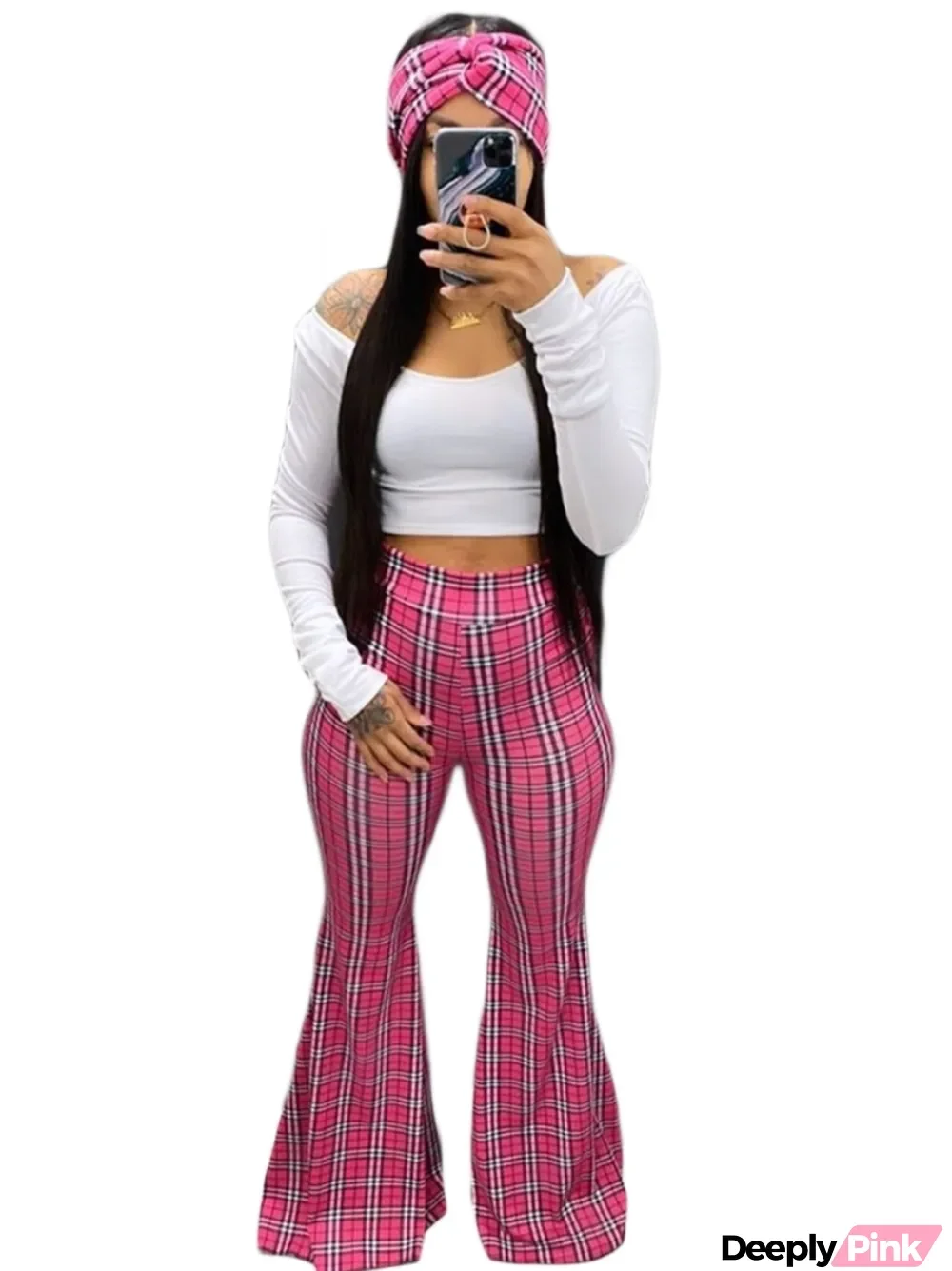 African Three Piece Plaid Flare Pants Set