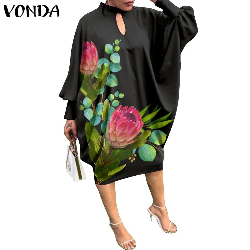 VONDA Women Dress 2022 Summer Spring Long Bat-Sleeve Solid Dresses Elegant Knee-Length Party Robe Ladies Bohemian Party Vestidos