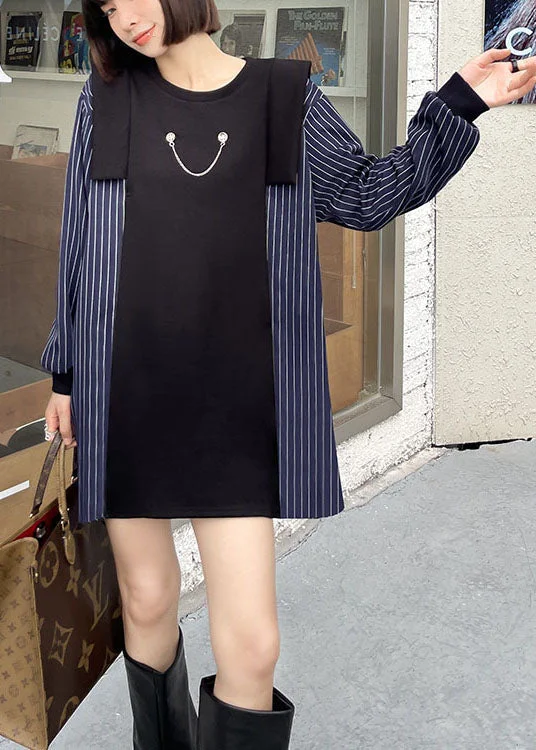 Fitted Blue O-Neck Patchwork Striped Fall Dress Long sleeve