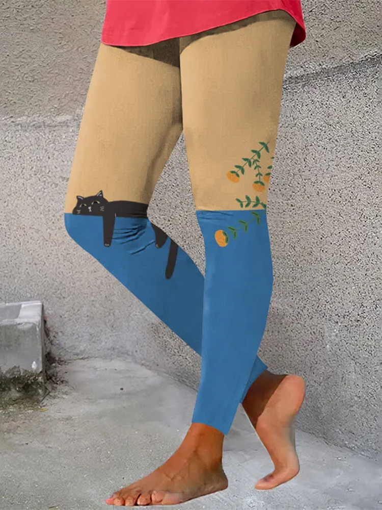 Comstylish Abstract Creative Lazy Black Cat Painting Art Casual Leggings