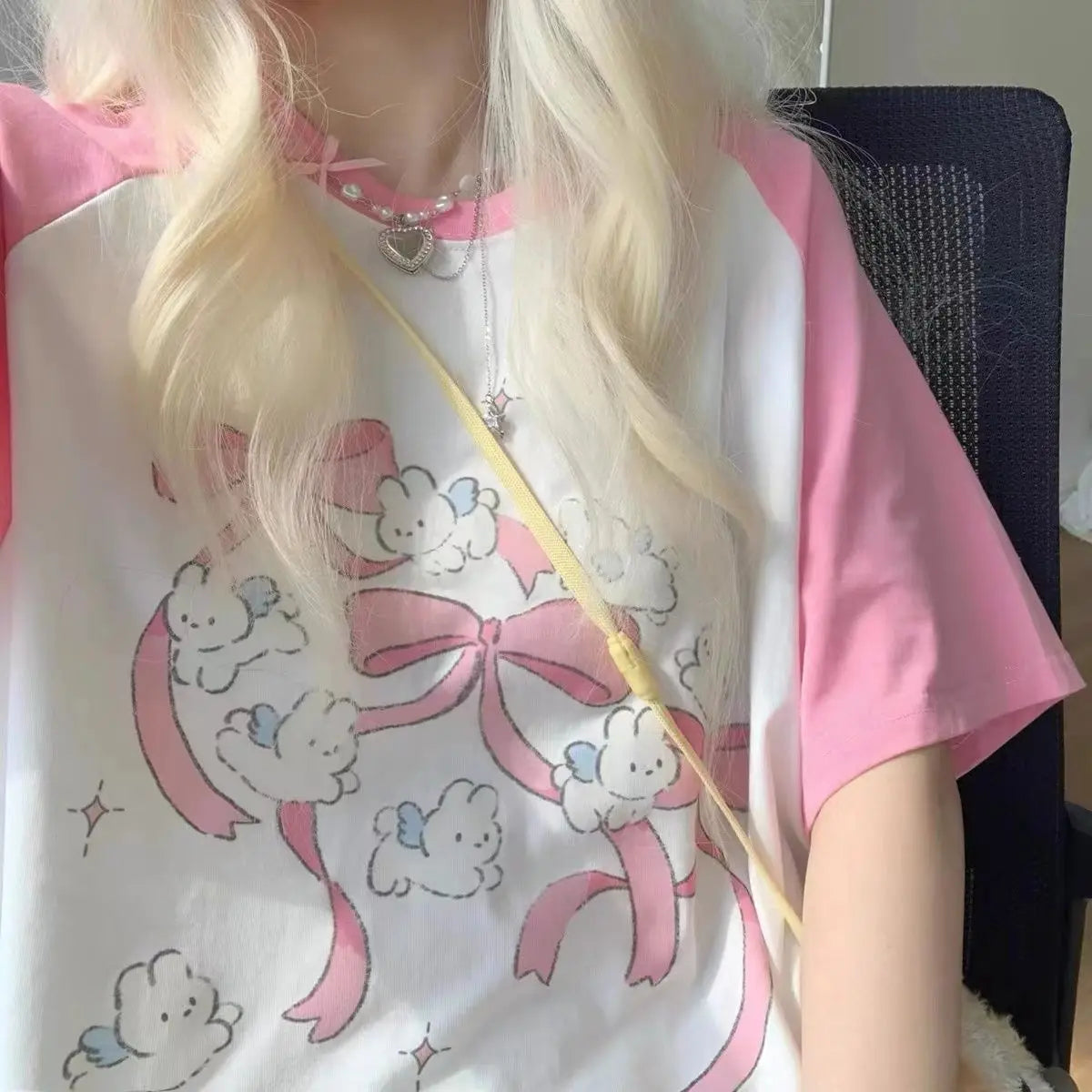 OLCooL Kawaii Rabbit Graphic Pink T Shirts Women Japanese Y2k Style Sweet Cartoon Tees Harajuku Cute Short Sleeve Tops Summer olcool