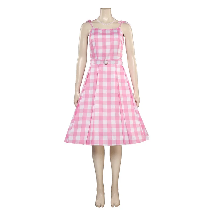 Kids Girls Barbie 2023 Margot Robbie Barbie Pink Plaid Dress Outfits Cosplay Costume Halloween Carnival Suit