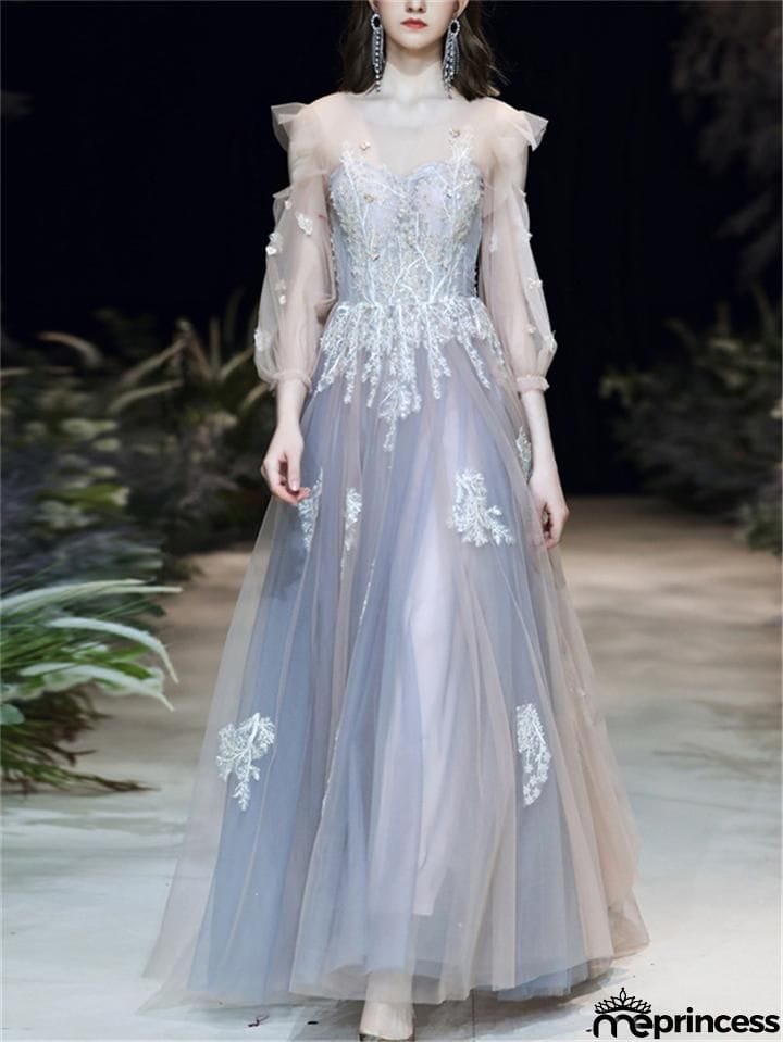 Flattering Applique Long Sleeve Backless Tulle Dress for Prom