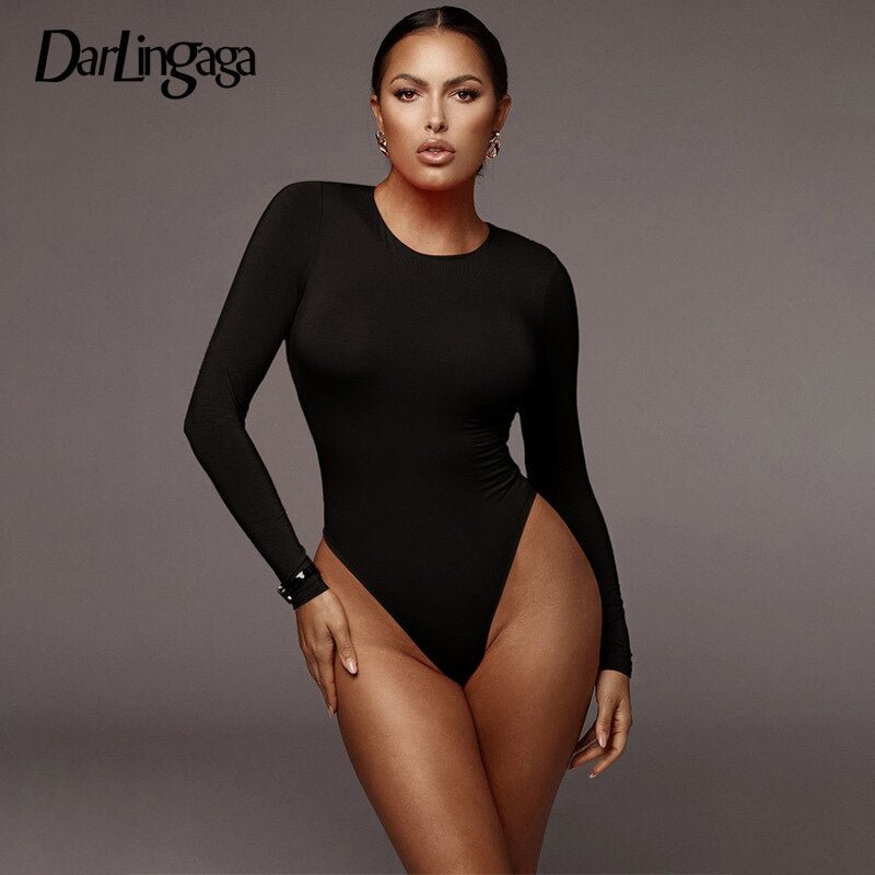 Darlingaga Casual Solid Skinny Long Sleeve Bodysuits Basic 2020 Bodys Bodycon Sheer Bodysuit Women Round Neck Outfits Jumpsuits