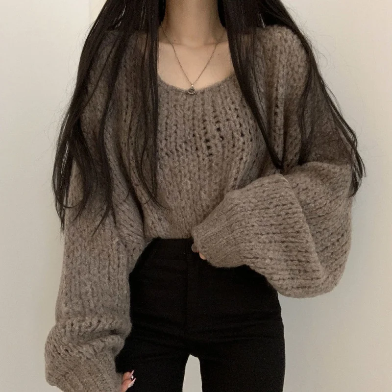 Uveng Uveng South Korea Autumn Candy Color Skin Sheath Loose Coarse Line Lantern Knitted Sweater Woman