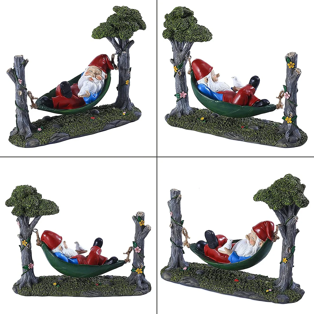 Garden Gnome Statue Lying In Hammock Hanging From Tree