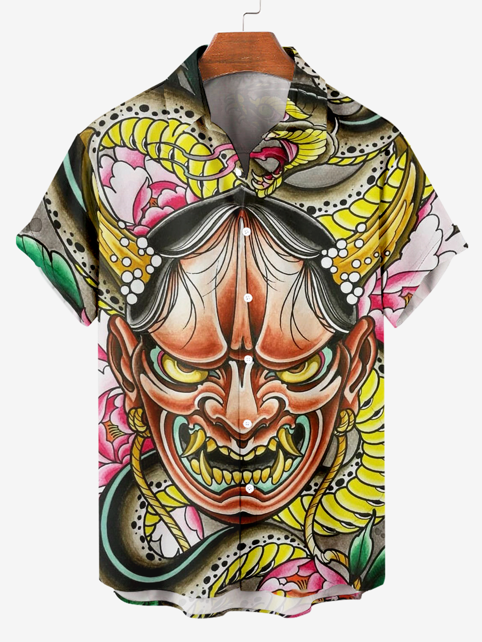 Men's shirt collar flesh-colored fang mask print casual short-sleeved shirt PLUSCLOTHESMAN