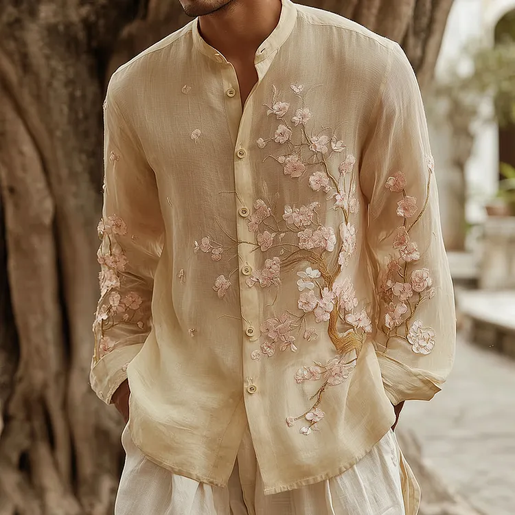 Men's Retro Flower Art Print Long Sleeve Shirt