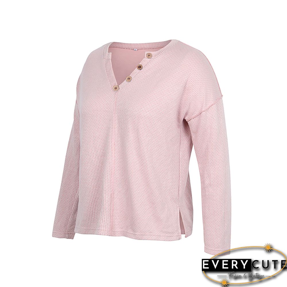 Pink Button V Neck Drop Shoulder Sweater