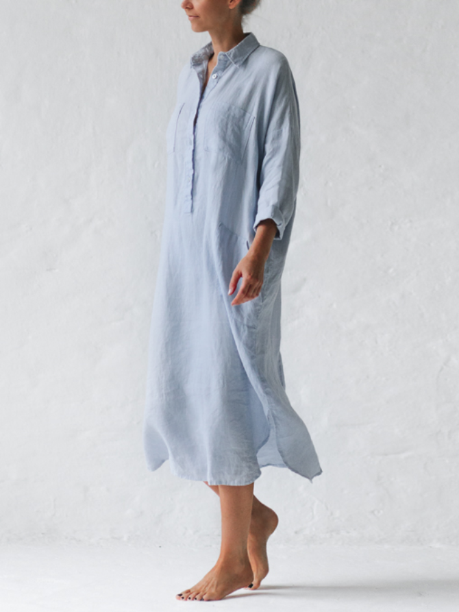 Cotton Linen A-Line Shirt Long Dress