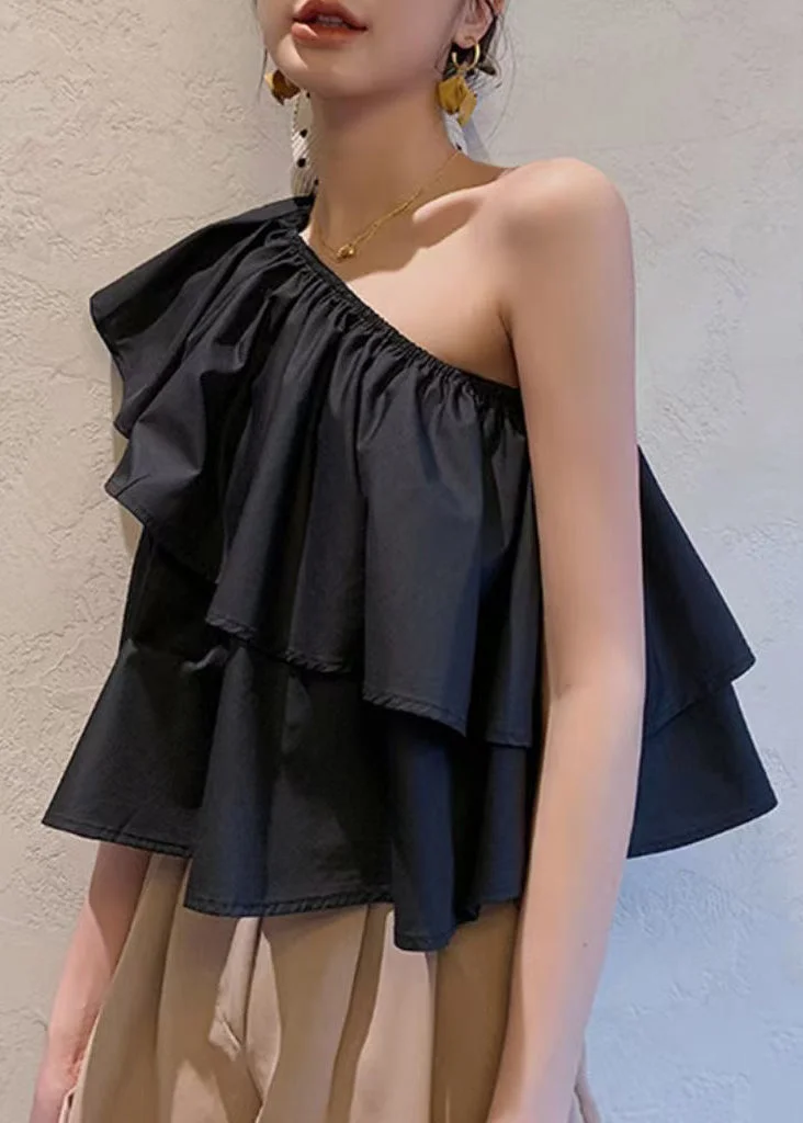 French Black Asymmetrical Ruffled Cotton Blouses Sleeveless
