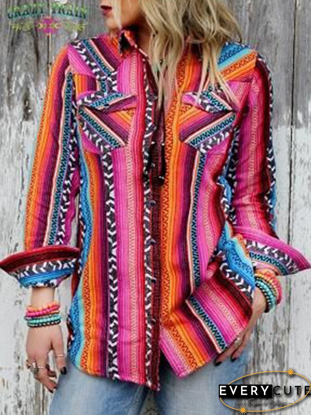 Multicolor Boho Shirt Collar Color-Block Striped Blouse