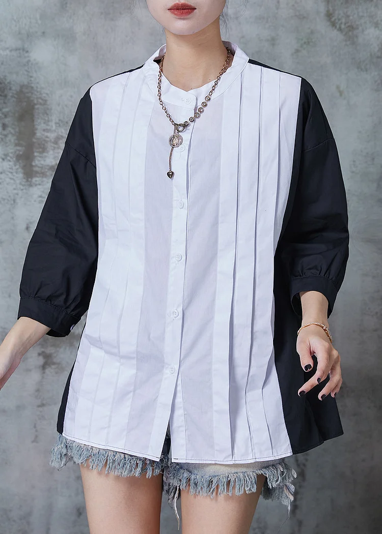 Unique Colorblock Oversized Patchwork Wrinkled Cotton Shirt Bracelet Sleeve
