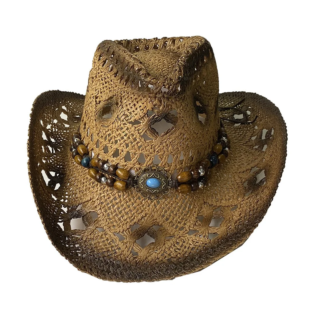 Men & Women's Cowboy Hats Woven Beads Decoration Curling Straw Hat