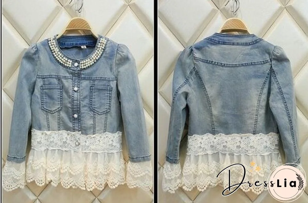 New Women Casual Denim Jacket Pearl Lace Splice Jean Coat Spring Summer Autumn Women Fashion Splice Coat Lace Jacket