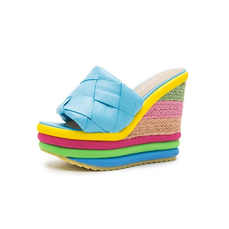 2021 Summer New Platform Wedge Sandals For Women's With Weave Rainbow Color Fish Mouth High Heels Shoes