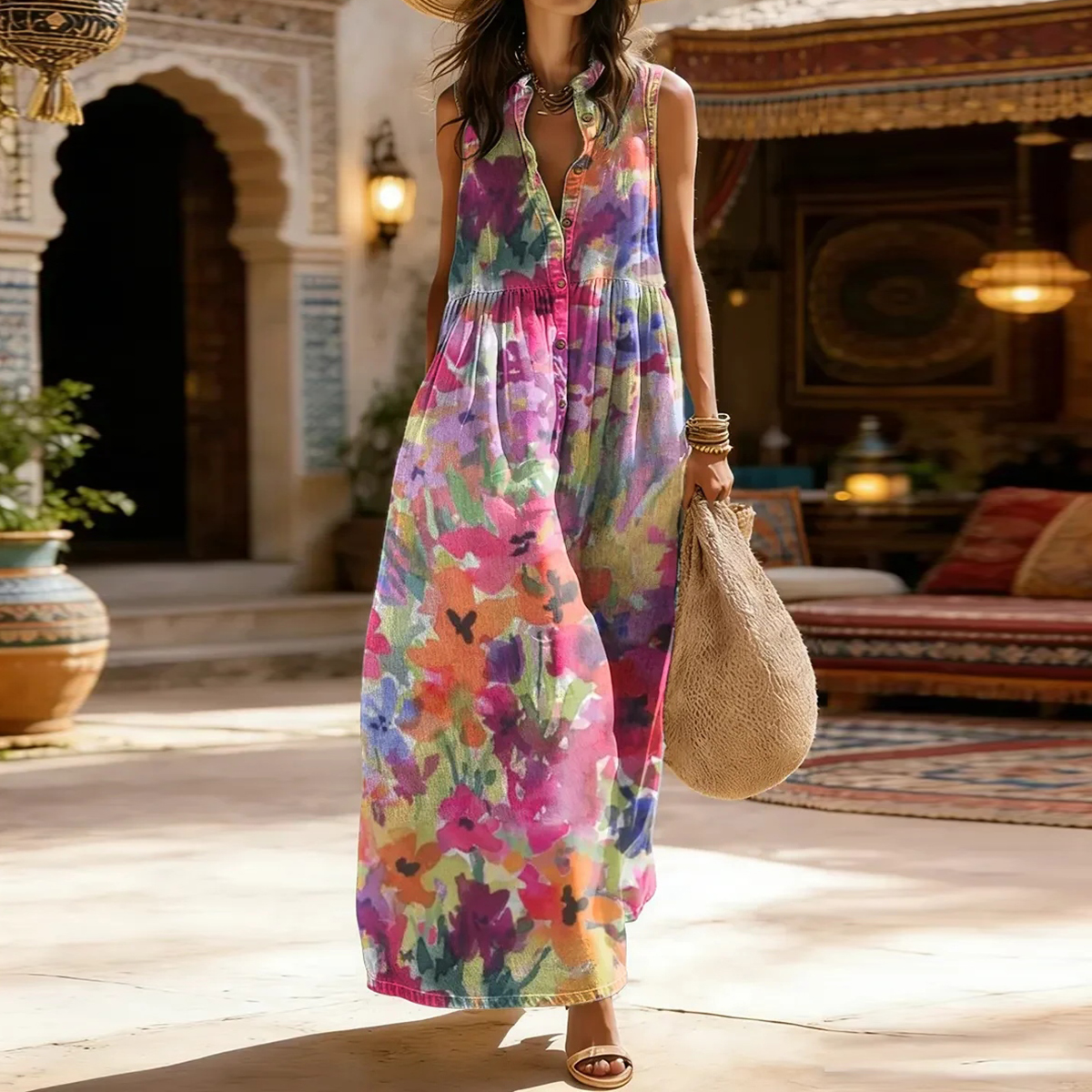 Comstylish Women's Flower Pattern Sleeveless Shirt Midi Dress