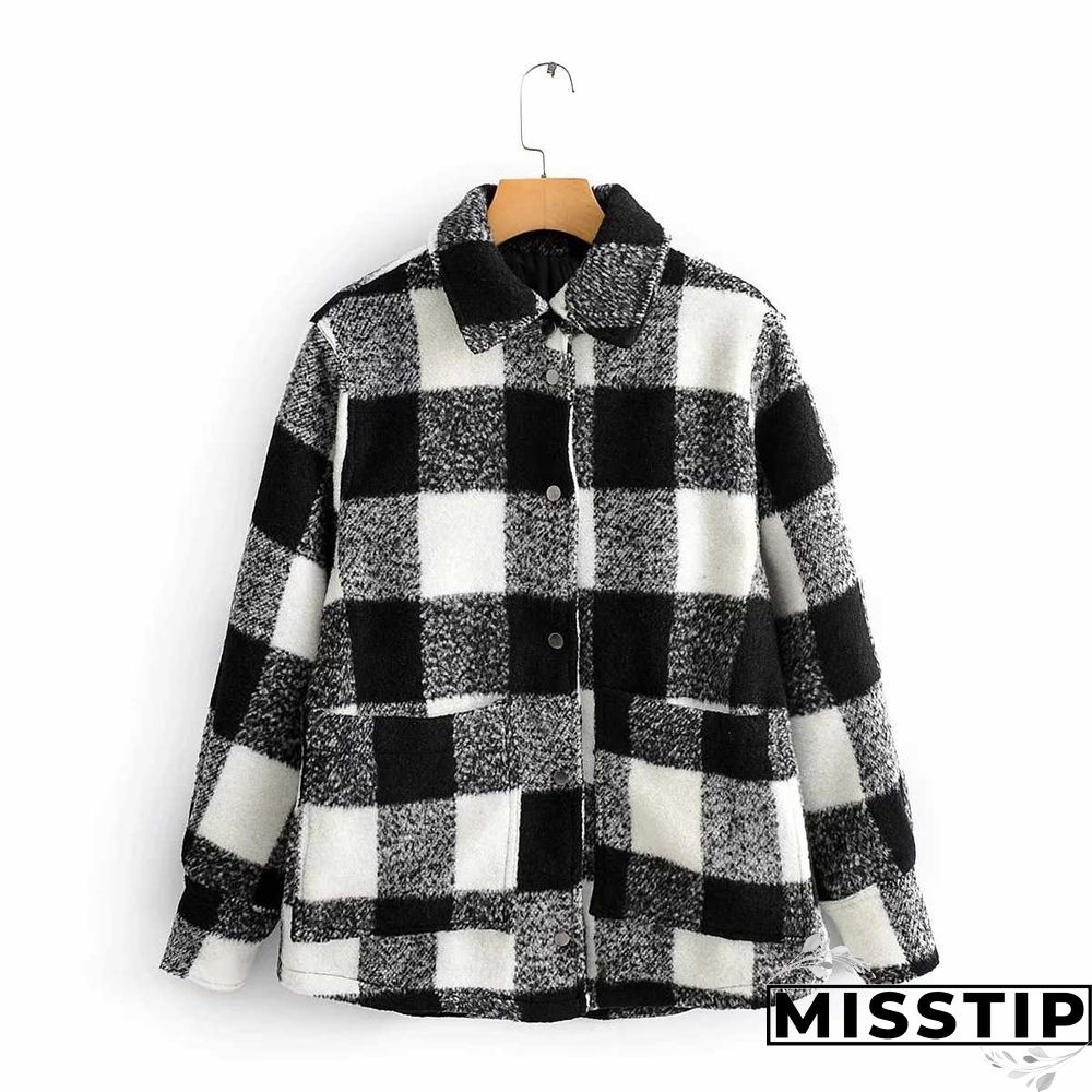 Classic Thick Colorblock Checked Button Down Shirt Jacket Woolen