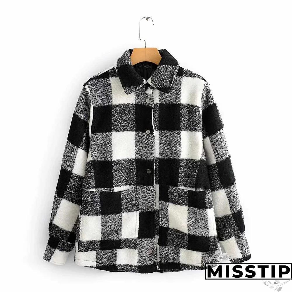 Classic Thick Colorblock Checked Button Down Shirt Jacket Woolen