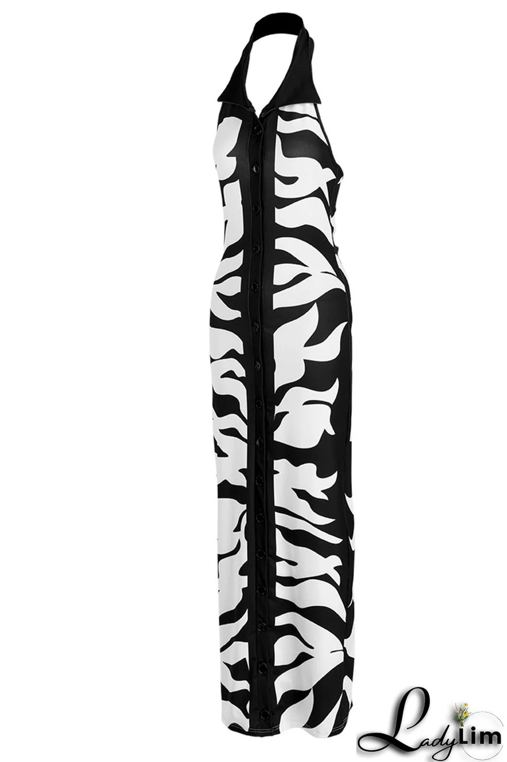 Black Sexy Print Split Joint Buckle Turndown Collar One Step Skirt Dresses