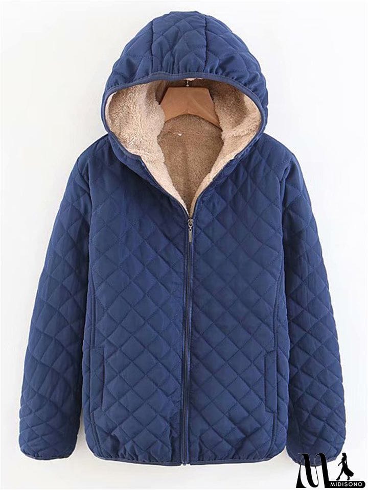 MidiSono - Women's Sports Style Solid Color Plush Liner Short Coat with Hood