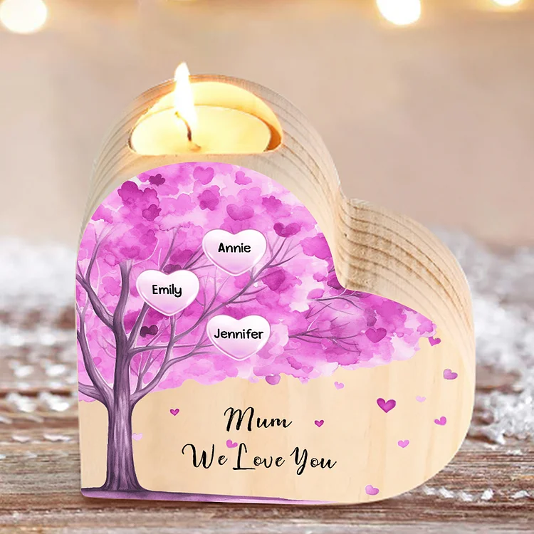 3 Names-Personalized Purple Heart Tree Heart-Shape Candlestick Set With Gift Box Custom Text  Mother's Day Gift Wooden Custom Candle Holder For Family