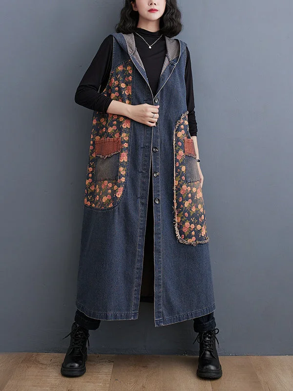 Women's Long Sleeve Hooded Floral Printed Pockets Button Plus Size Loose Retro Denim Jacket Coats