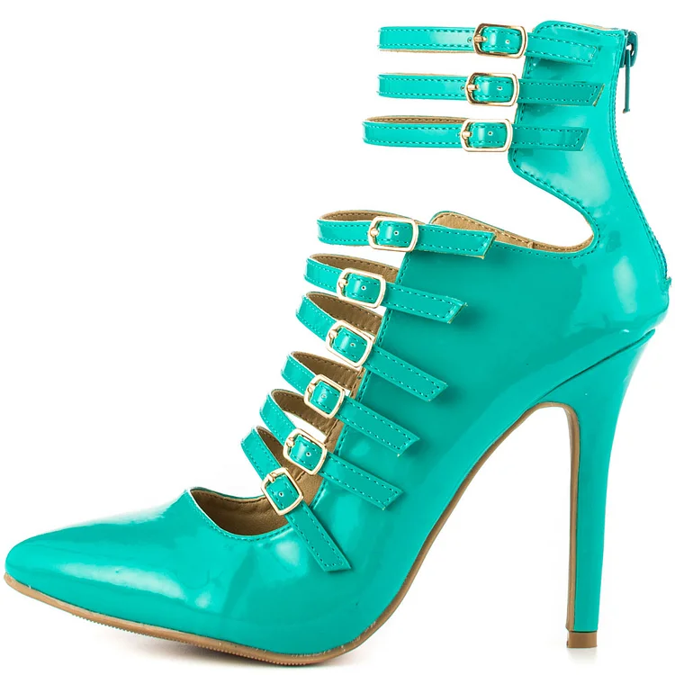 Cyan Patent Leather Strappy Stiletto Heel Summer Boots Vdcoo