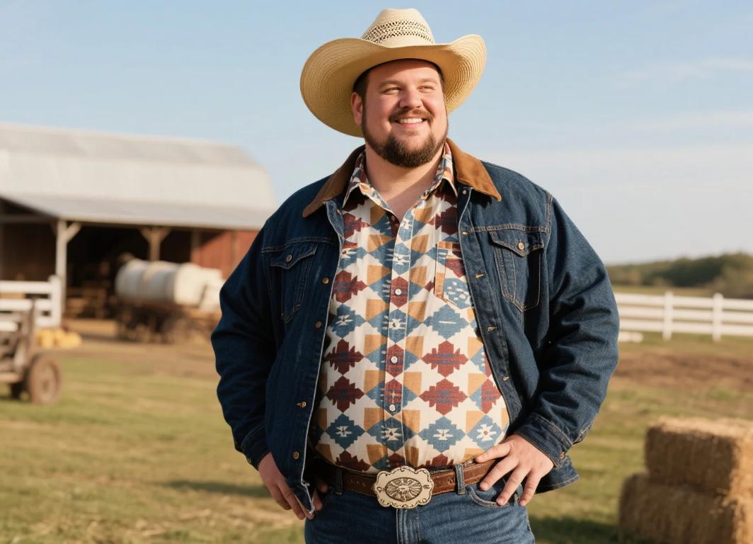 A man layering his cowboy shirt with jacket