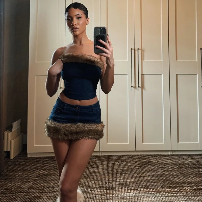 Uveng Uveng Winter New Fashion Sexy Hot Girl Retro Fur Denim Strapless Top Wrapped Buttock Skirt Suit Girl