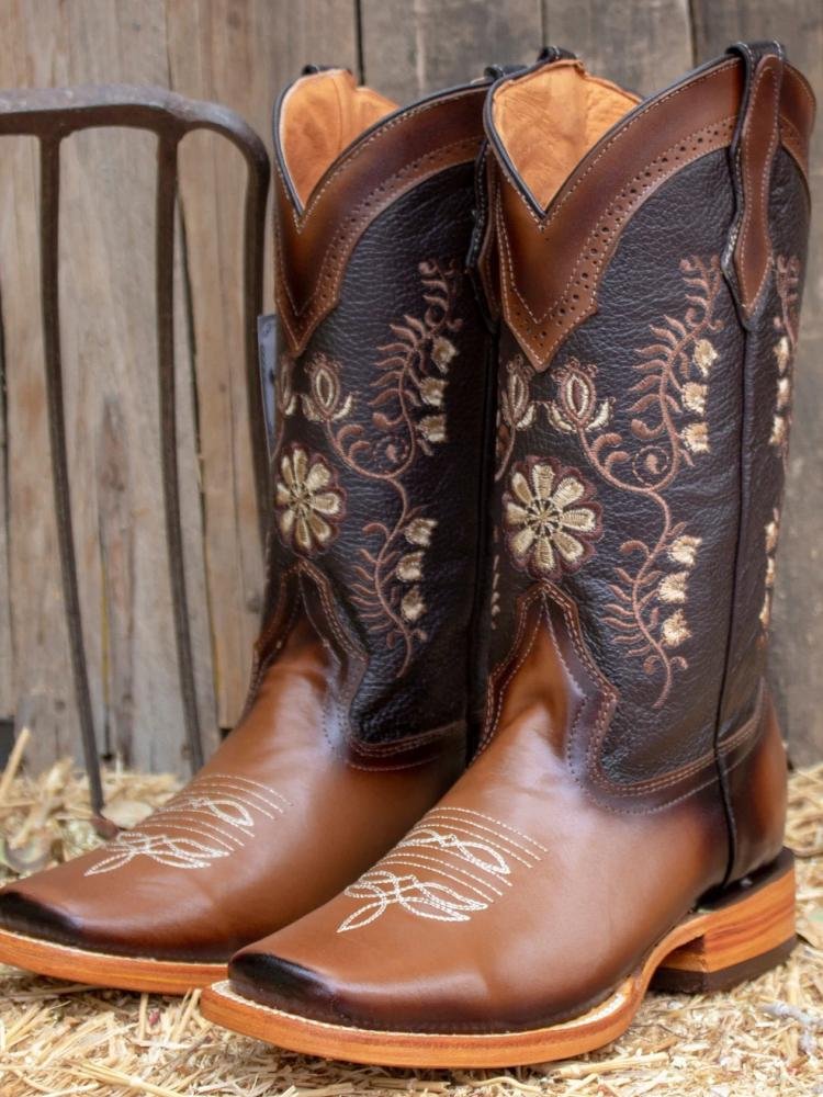 Women Mid Calf Cowboy Boots Square Toe Chunky Heel Embroidered Floral Rustic Two-Tone Western Boots