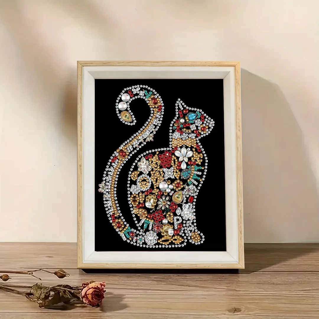 Jewelry Cat Silhouette Special Shaped 5D DIY Partial Drill Diamonds Dots Gem Art Kits with Wooden Frame Diamonds Paintings Gem Art 17x22cm for Adults Beginners Home Decor