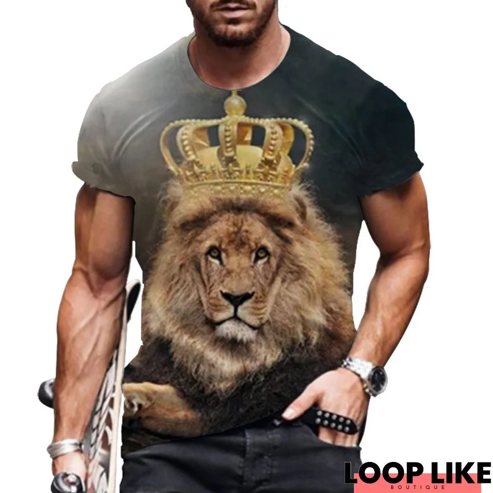 Street Fashion Trend Lion 3D Printed Men's Shirt with Short Sleeves and Round Collar