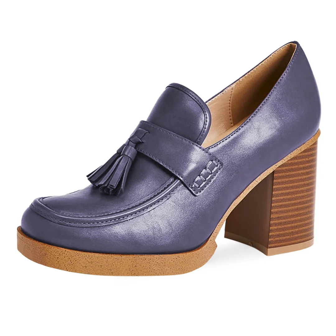 Purple Vegan Leather Tassel Accents Square Toe Loafer Heels