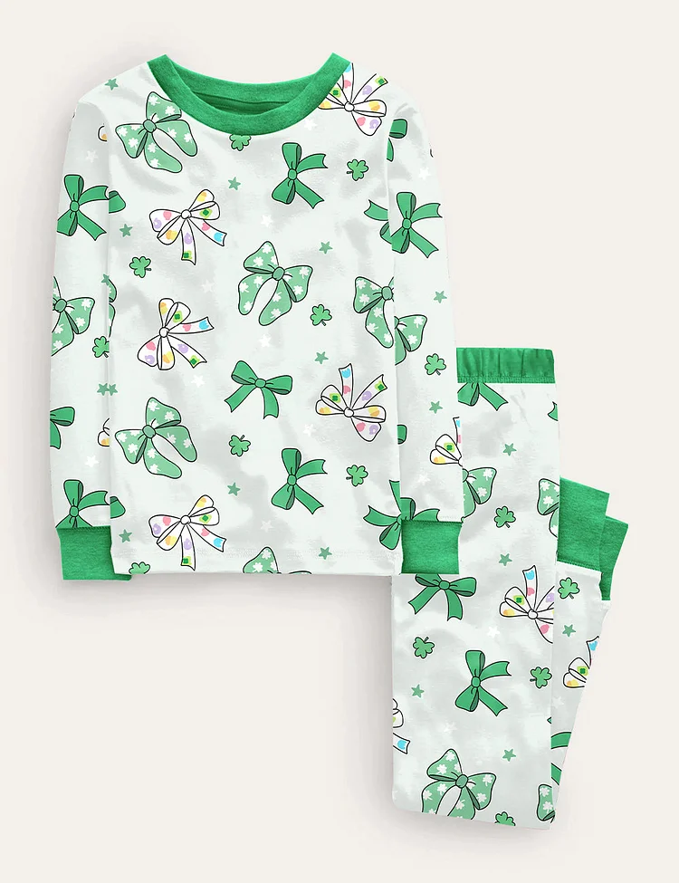 Kid's St Patricks Lucky Charms Bow Print Pajama Set