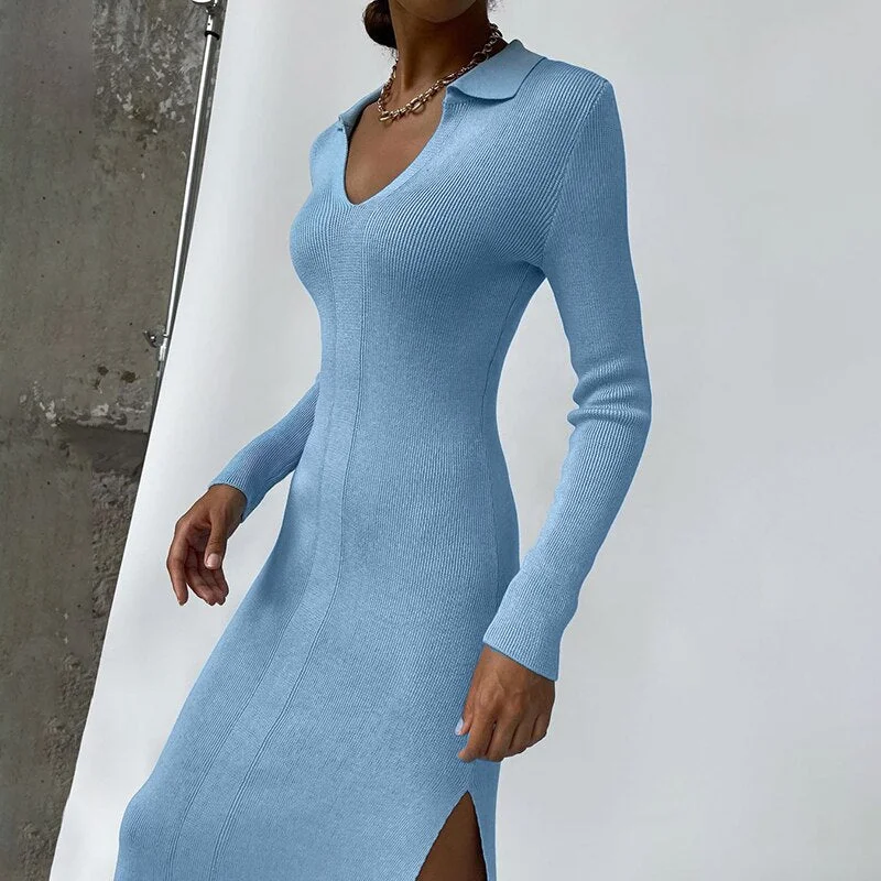 WannaThis Turn Down Collar Long Sleeve Midi Knitted Dress High Split Autumn 2021 Chic Knitwear Elegant Female Aesthetic Dresses