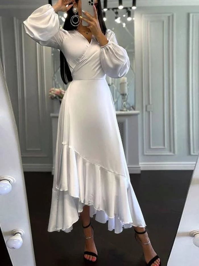 Deep V Long Sleeve Solid Color Dress