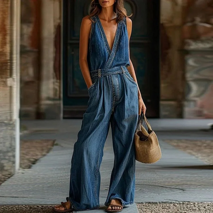 Casual Deep V Neck Sleeveless Pocket Wide Leg Denim Jumpsuit