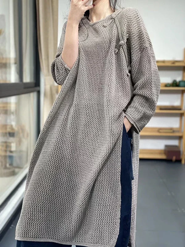 Asymmetric Hollow Split-side Long Sleeves Loose Round-neck Sweater Tops