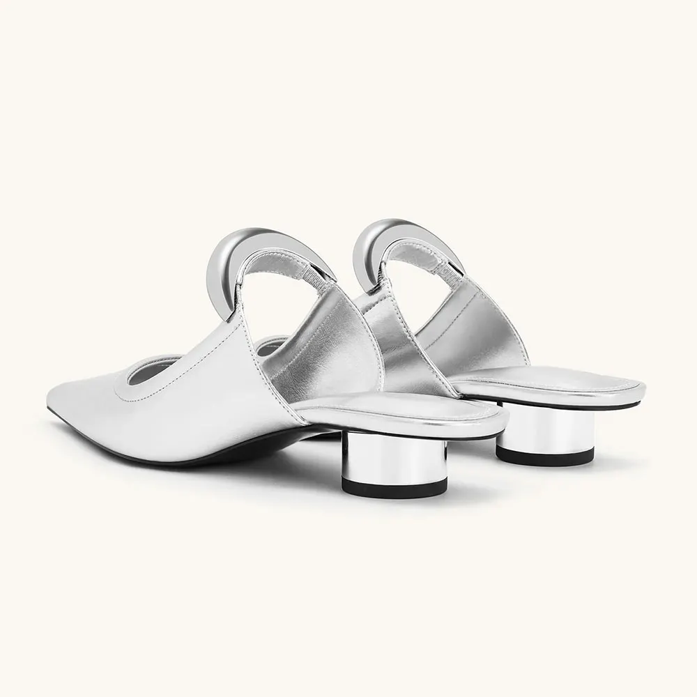 Chic Silver Metallic Cylinder Heel Slip On Metal Strap Pointy Toe Mules